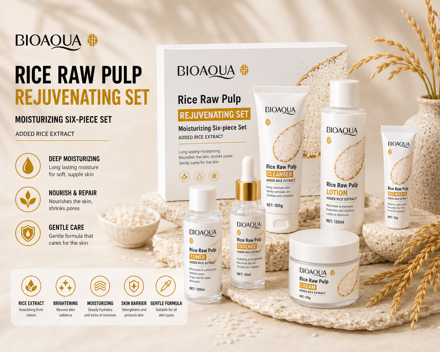 Rice Essence Hydrating Skincare Set (6 Pieces)